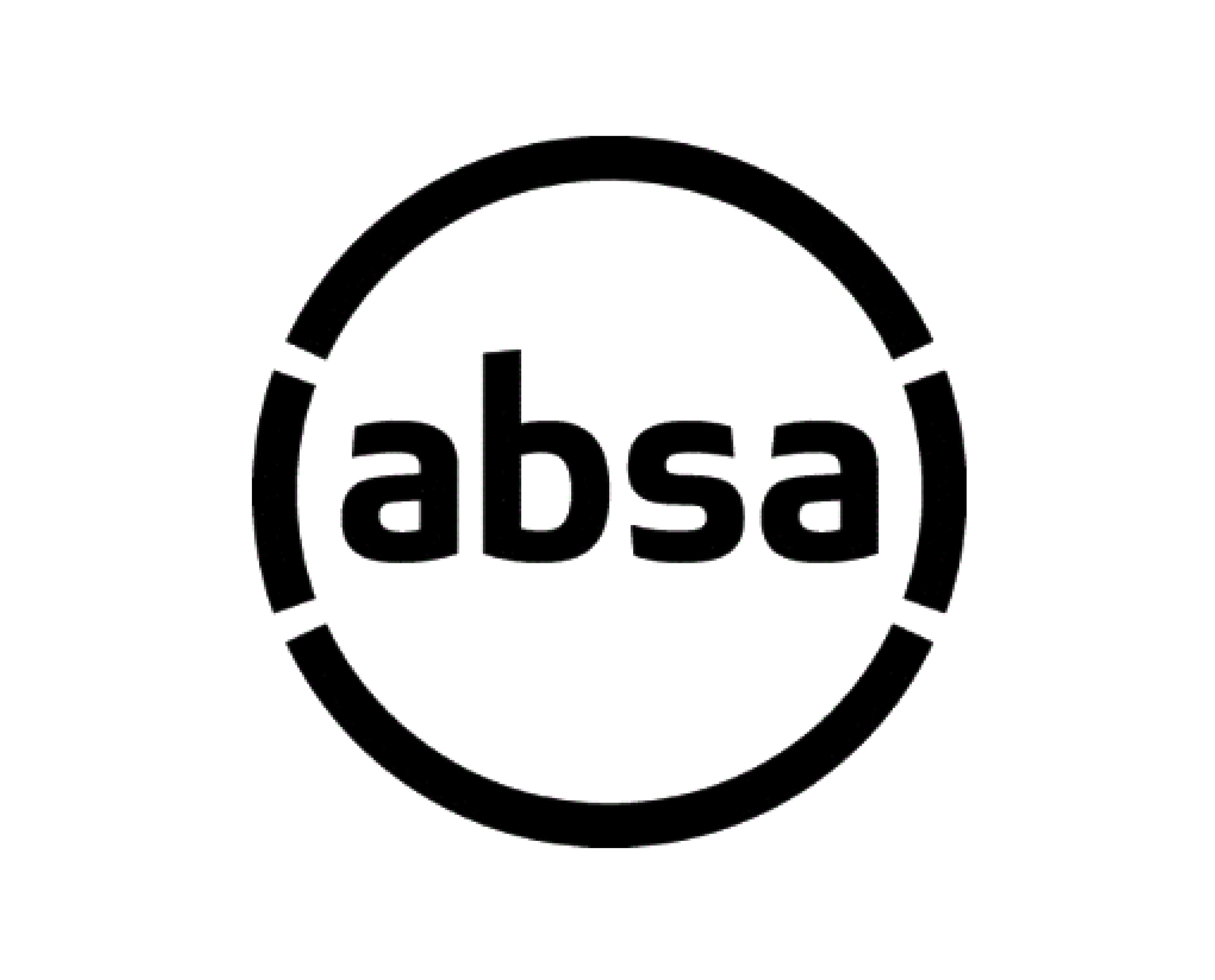 Black and white Absa logo with lowercase text enclosed in a four-part segmented circle.