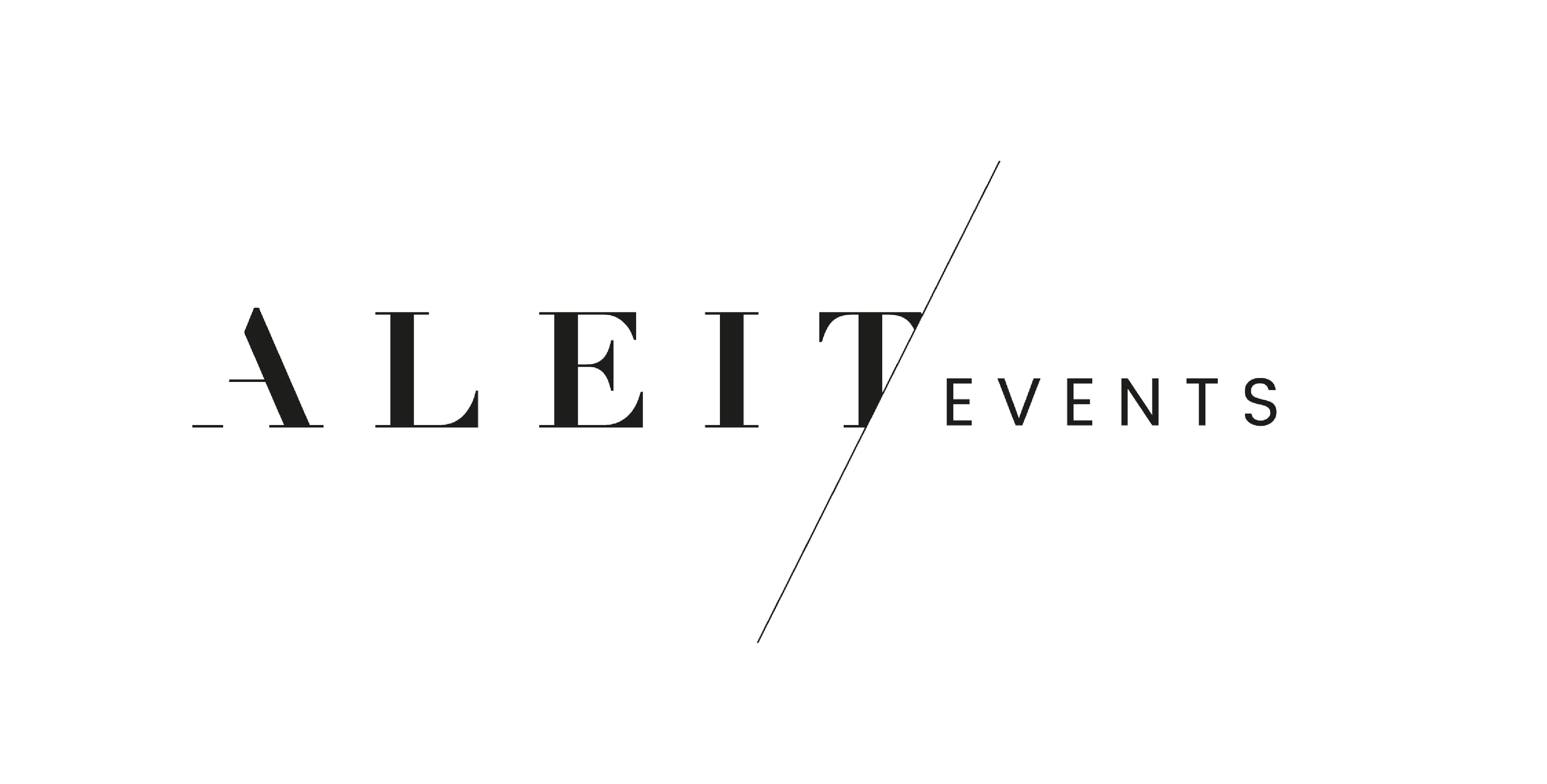 ALEIT EVENTS logo in black text with a diagonal line on a white background.