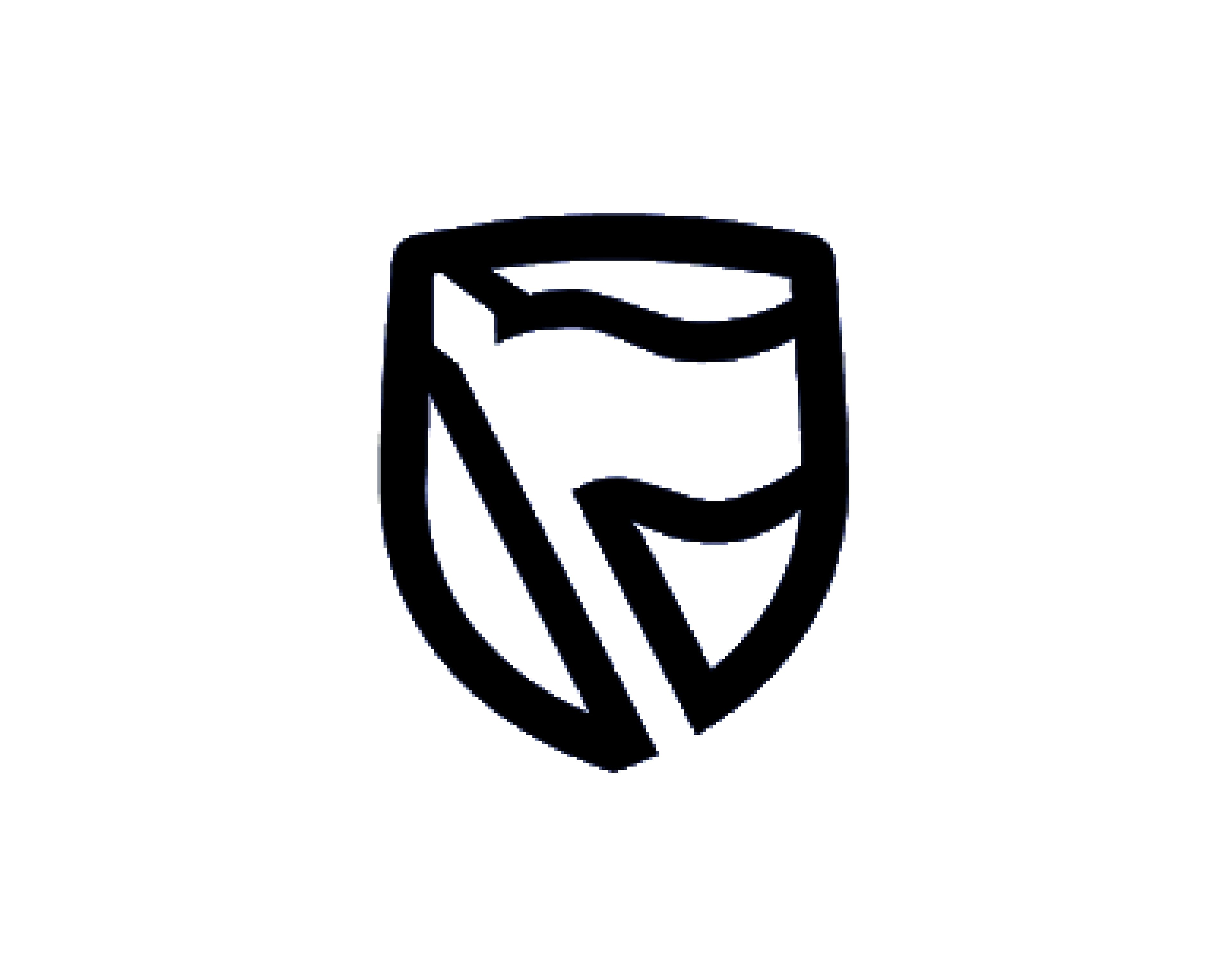 Black and white logo featuring a stylized waving flag inside a bold shield outline.